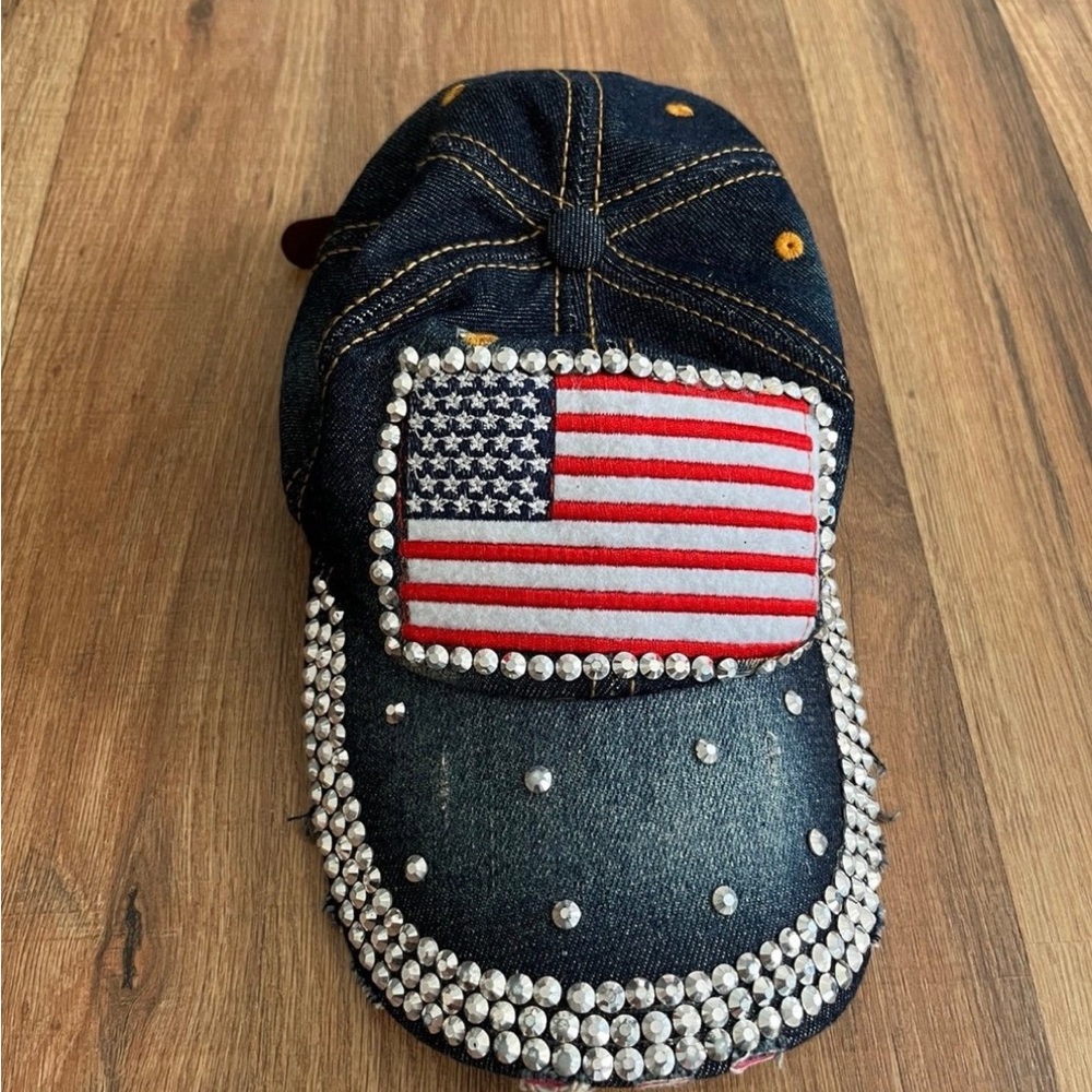Denim Cap with American Flag and Rhinestones